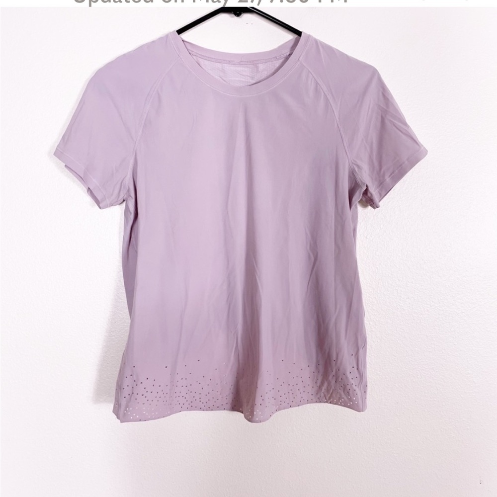 Lululemon Light Purple Perforated Hem Overlap Back Short Sleeve Top